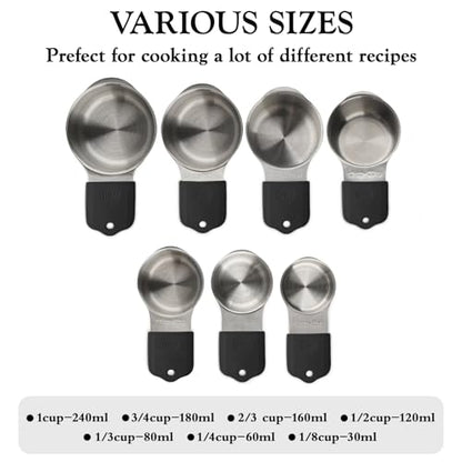 Magnetic Measuring Cups and Spoons Set of 16,Stainless Steel Magnetic Measuring Cups Set 7 and Magnetic Measuring Spoons Set of 8 with Leveler for Dry Liquid Ingredients (7, Black) - color: Black
