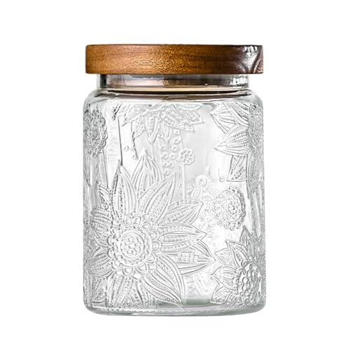 Adodeen 24oz Vintage Glass Canister With Lid Small Glass Jars Wide Mouth Mason Jars Airtight Coffee Canisters Kitchen Storage Containers For Sugar Tea Spice Flour Candy Cookie Cereal Cute Decorative - color: Sunflower-24oz