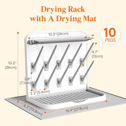 Lifewit Baby Bottle Drying Rack with Drain Mat & 10 Hooks, Newborn Essentials Must Haves, Bottle Storage Organizer for Countertop, Cabinet, Rack Dryer Holder for Pacifiers, Pump Parts, Baby Stuff - size: Medium-10 Hooks