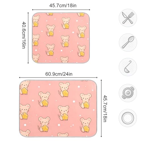 Cute Mouse Holding Cheese Dish Drying Mat for Kitchen Counter Super Absorbent Dishes Pad Reversible Microfiber Protector Dish Draining Mats 18x24 inch - size: 18 x 24 in