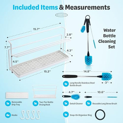 Water Bottle Drying Rack for Kitchen Counter – Cup Drying Rack, Tumbler, Mug & Glass Drying Rack Drying Rack, 2 Tier with Drain Tray and Cleaning Brush Set (White) - color: White