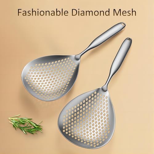 GREATLINK Large Stainless Steel Strainer with Comfort Handle and Hanging Holes,Food Grade Filter Spoon Solid Stainless Steel Strainer Skimmer Ladle for Kitchen Cooking Frying Pasta Strainer Spoon