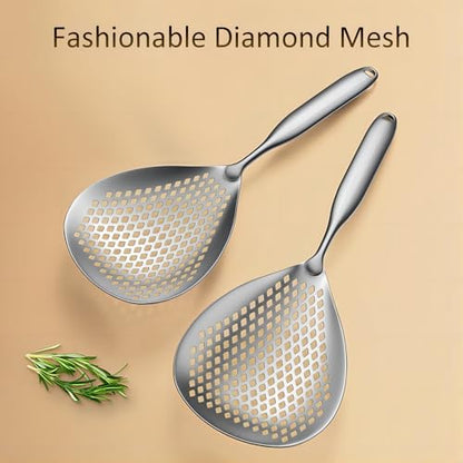 GREATLINK Large Stainless Steel Strainer with Comfort Handle and Hanging Holes,Food Grade Filter Spoon Solid Stainless Steel Strainer Skimmer Ladle for Kitchen Cooking Frying Pasta Strainer Spoon