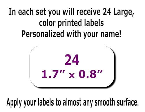 24 Large Personalized Waterproof Name Labels. Press and Stick Multi use Custom Name Labels. Customized 2 Lines of Text and Color. ID Identification Name Stickers with Permanent Self Adhesive. - color: 24 Large Labels - White Background