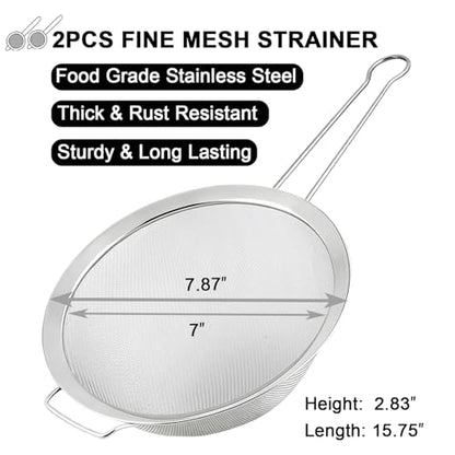 7.87" Fine Mesh Strainer Set with Sturdy Handle, Stainless Steel Sieve Flour Sifter, Kitchen Metal Colander for Rice, Quinoa, Pasta, Fruit, 2 Pack | Food Grade Stainless Steel, No Nust, Fine Mesh Strainer For Rice, Quinoa, Sifting Flour - size: 7.87"