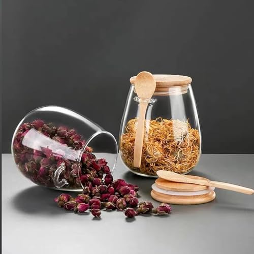 Airtight glass jar storage container with bamboo lid Set of 4, wide mouth, leak-proof, With a spoon, can be used for coffee beans, tea leaves, grains, dried fruits, etc (Large*4PCS) - color: Large*4PCS