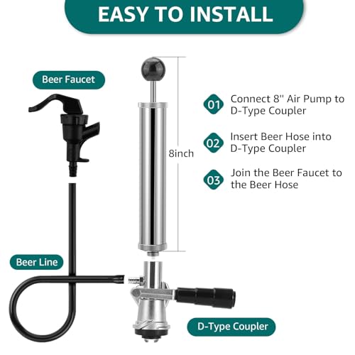 8" Keg Tap Pump - American D-System Beer Keg Tap, Party Beer Keg Hand Pump Tap Kit, Beer Picnic Tap Dispenser for Home Bar, Kegerator Beer Pump with 2 Beer Faucet, Beer Hose and 2 Hose Clamps