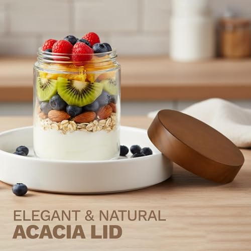 Bumobum 16 oz Overnight Oats Containers with Lids, Glass Mason Jars with Acacia Wood Airtight Lid, Wide Mouth Glass Canisters for Food Storage Chia Pudding Snacks Yogurt Spice Meal Prep, 4-Pack - color: 16oz