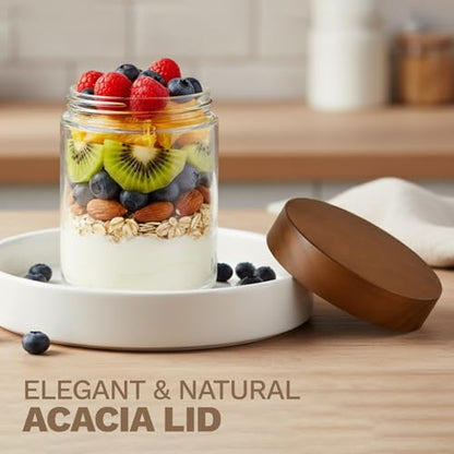 Bumobum 16 oz Overnight Oats Containers with Lids, Glass Mason Jars with Acacia Wood Airtight Lid, Wide Mouth Glass Canisters for Food Storage Chia Pudding Snacks Yogurt Spice Meal Prep, 4-Pack - color: 16oz