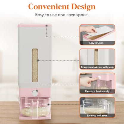 Lifewit Rice Dispenser 25 Lbs(11.3kg), Rice Storage Container Sealed Moisture Proof with Measuring Cup for Kitchen Pantry Household, BPA-Free, 1 Pack Pink - color: Pink