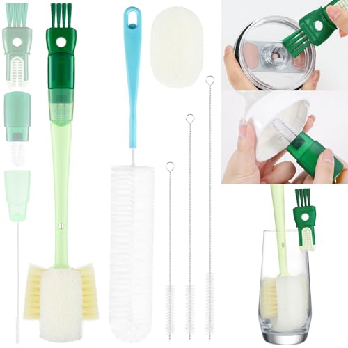 OUTXE 6 Pack Bottle Brush Set, 5-in-1 Water Bottle Cleaner Brush, 14" Long Handle Bottle Cleaning Brush, 3 Straw Brush, Removable Nipple Detail Brush for Cup Lid Gap, with Replecement Sponge - color: Green, size: 6 Pack