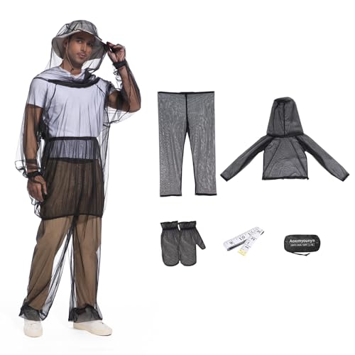 Premium Mosquito Suit-Jacket With Hood/Pants/Mitts/Gift Bag/Tape Measure-Full Body Protection Bugs Clothes - color: Black No Sun Hat, size: Large-X-Large