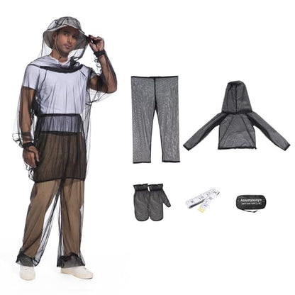Premium Mosquito Suit-Jacket With Hood/Pants/Mitts/Gift Bag/Tape Measure-Full Body Protection Bugs Clothes - color: Black No Sun Hat, size: Large-X-Large