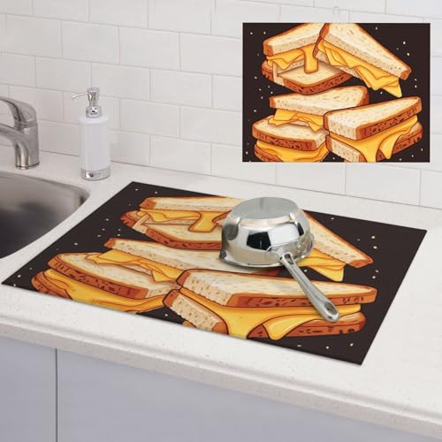 Dish Drying Mat for Kitchen Counter Microfiber Super Absorbent Non-Slip Drying Mats Large Dish Draining Mat Kitchen Counter Quick Dry Pad Cheese Sandwiches Dish Rack Pad 18" x 24"