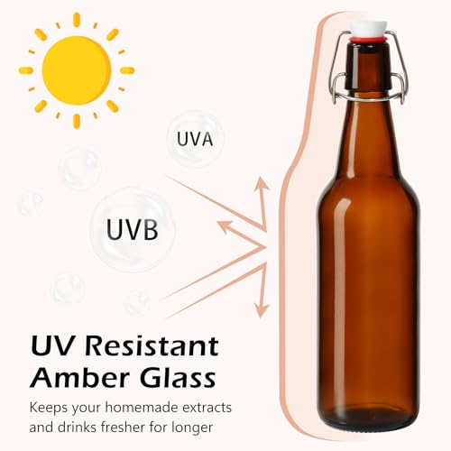 KEYWING 16oz Amber Swing Top Glass Bottles with Stoppers, 10 Pack Airtight Flip Top Bottles for Kombucha, Fermentation, Beer, Vanilla Extract, Soda, Mead, Cider, Kefir & Home Brewing - size: 16oz 10 pack
