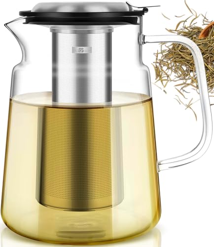 Aquach 74oz Glass Tea Pot with Infuser, Stovetop Safe Borosilicate Teapot | Dishwasher Safe, Plastic-free, Family Capacity, Precise Loose Leaf Filter, Easy-clean Opening - size: 74 fluid ounces without Thermometer