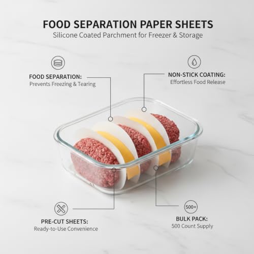 500-Count Pre-Cut Silicone Coated Parchment Sheets, Food Separation Paper for Freezer Storage, Burger Patties, and Cheese - size: 7.87 x 4.72 x 2.36 in