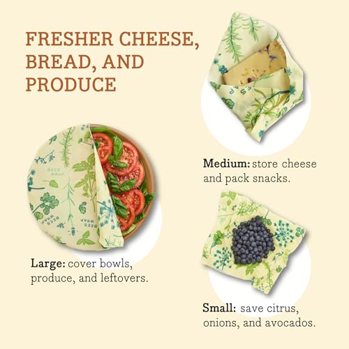 Bee's Wrap Vegan Beeswax Wraps for Food - 3 Pack of Assorted Beeswax Wraps - Small, Medium & Large Wrap - Plastic Free Made in USA Reusable Natural Food Wrap - Herb Garden Print - style: 3 Pack (Vegan Herb Garden)