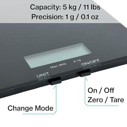 Glass Platform Digital Kitchen Scale - for Food Coffee Lab - LCD Display gram Ounces lb:oz fl.oz ml - 11 LB/5 KG Capacity - Battery Included - Black by The Display Guys - color: Glass - Black