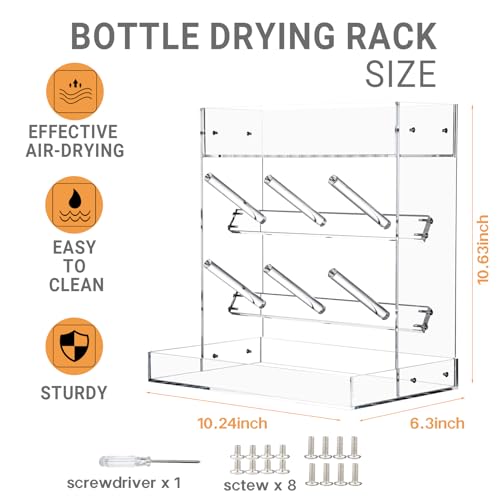 Baby Bottle Drying Rack Space Saving Acrylic Vertical Bottle Dryer Rack with Drip Tray - Clear Kitchen Countertop Storage Organizer–Fast Drying and Easy Cleanup - 10.3 x 6.3 x 10.6 in