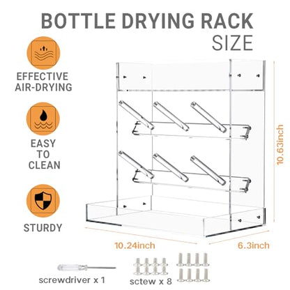 Baby Bottle Drying Rack Space Saving Acrylic Vertical Bottle Dryer Rack with Drip Tray - Clear Kitchen Countertop Storage Organizer–Fast Drying and Easy Cleanup - 10.3 x 6.3 x 10.6 in
