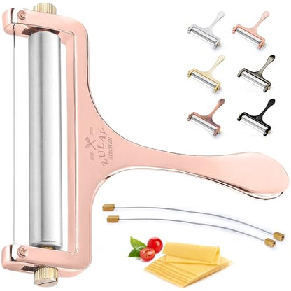 Zulay Adjustable Cheese Slicer - Wire Slicer for Mozzarella, Cheddar, Gouda - Heavy Duty With 2 Extra Wires (Rose Gold) - color: Rose Gold