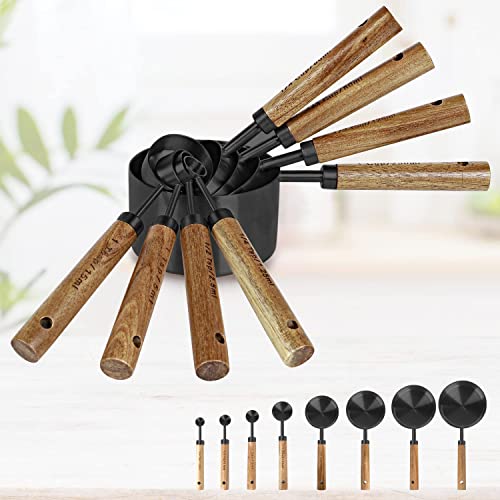 8-Piece Black Measuring Cups and Spoons Set, Stainless Steel Kitchen Measuring Set with Acacia Wood Handles for Baking and Cooking - color: Black