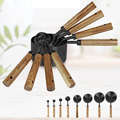 8-Piece Black Measuring Cups and Spoons Set, Stainless Steel Kitchen Measuring Set with Acacia Wood Handles for Baking and Cooking - color: Black