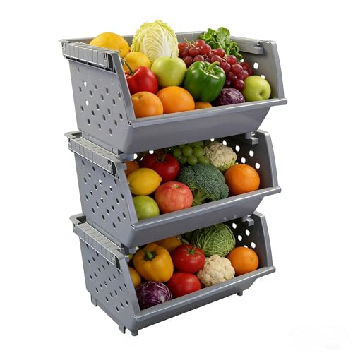 3-Pack Plastic Stacking Organizer Basket, Kitchen Stackable Storage Baskets