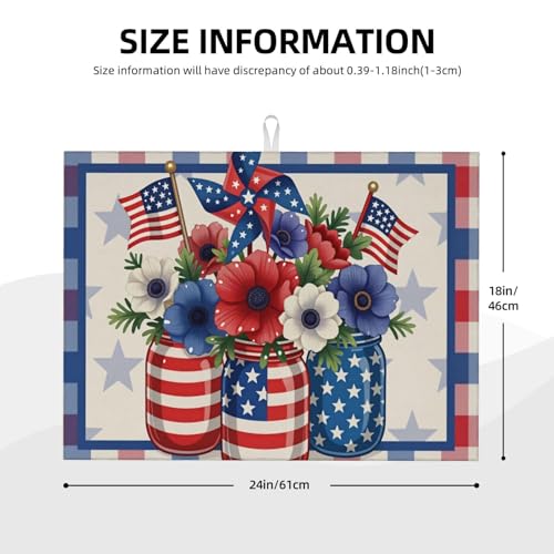 Patriotic Flowers In Mason Jars With American Flags And Pinwheel Microfiber Dish Drying Mat 18x24 Inch - Absorbent Non-Slip & Quick Dry Kitchen Counter Dish Drainer Pad, Rustic Farmhouse Style - color: Patriotic Flowers In Mason Jars With American Flags A