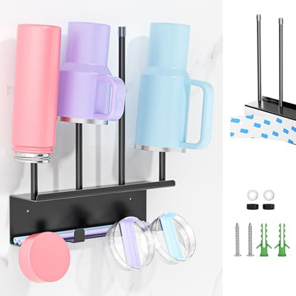 Wall Mounted Water Bottle Drying Rack with Lid & Straw Organizer, Metal Tumbler and Cup Dryer Stand, Space-Saving Drying and Storage Rack for Tumbler, Bottles, Baby Bottle & Glass (Black)