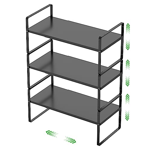 Expandable Cabinet Storage Shelf Stackable Organizer Rack for Kitchen Bathroom Pantry Spice Cupboard Countertop Home Office Desk Heavy Duty Nonslip Black Large 3 PACK - color: Smooth Black, size: Large - 10.2"D - 3 Pack