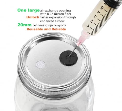 Root Mushroom Farm- 6Pcs Wide Mouth Mushroom Liquid Culture Lids, Mason Jar Lid with Two air exchange openings, 0.22um PTFE Filters & 20mm Self Healing Injection Port - style: Wide Mouth Jar Lids
