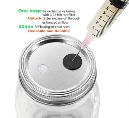 Root Mushroom Farm- 6Pcs Wide Mouth Mushroom Liquid Culture Lids, Mason Jar Lid with Two air exchange openings, 0.22um PTFE Filters & 20mm Self Healing Injection Port - style: Wide Mouth Jar Lids