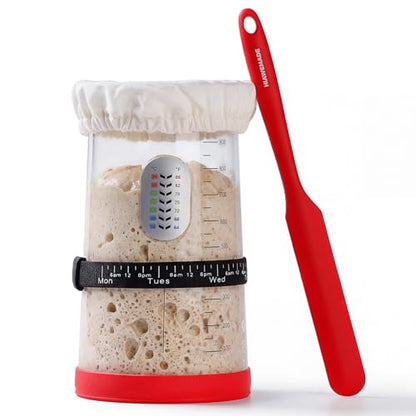 40oz Sourdough Starter Jar with Feeding Tracker – Thickened Clear Glass Fermentation Jar (1.2L) w/Date Marked Band, Thermometer Strip, Cloth Cover & Spatula – Sourdough Kit for Home Bakers