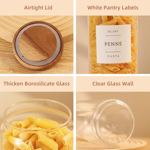 3 Pack Glass Canisters with Airtight Acacia Lids and 132 Kitchen Pantey Labels Preprint - 36 Fl OZ Borosilicate Glass Pantry Storage Jars Containers with Wooden Lids for Tea,Sugar,Cookie,Pasta,Candy - size: 36oz-3 Pack