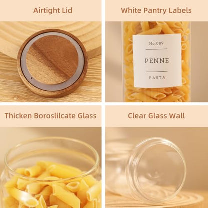 3 Pack Glass Canisters with Airtight Acacia Lids and 132 Kitchen Pantey Labels Preprint - 36 Fl OZ Borosilicate Glass Pantry Storage Jars Containers with Wooden Lids for Tea,Sugar,Cookie,Pasta,Candy - size: 36oz-3 Pack