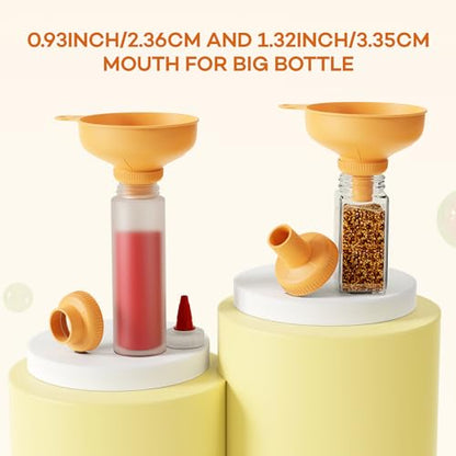 Pisol Wide Mouth Versatile Funnel, Canning Funnels for Kitchen Use, Food Grade Plastic Cooking Funnel Set with 4 Size Spouts and 2 Strainers for Filling Different Bottles and Bags, Orange