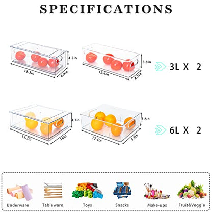 Mano Fridge Drawer Pull Out Stackable Bins with Handle Clear Refrigerator Drawers Organizer Food Storage Container Box with Dividers Plastic Produce Saver for Pantry, Cabinet, Kitchen, Clothes（4Pack） - style: 2*3L+2*6L