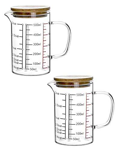 QWORK Glass Measuring Cup, 2 Pack 500ML (18 Oz, 2 Cup), High Borosilicate Glass Scale Cup with Handle and Durable Bamboo Lid, for Kitchen or Restaurant - size: 2 Pack