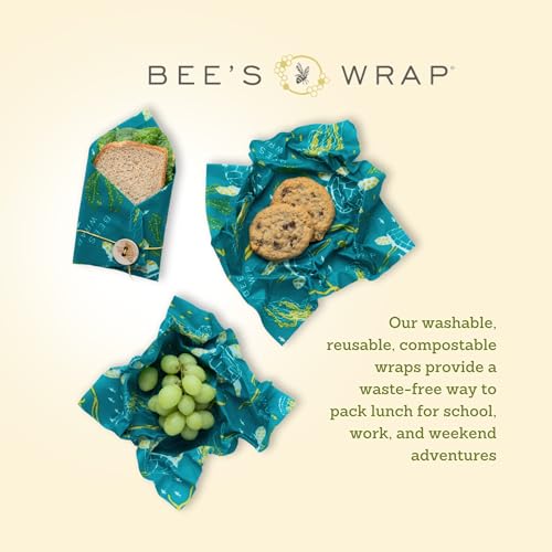 Bee's Wrap Beeswax Wraps for Food - 3 Pack of Assorted Beeswax Wraps - 2 Medium & Sandwich Wrap - Plastic Free Made in USA Reusable Natural Food Wrap - Ocean - style: Lunch Pack Ocean