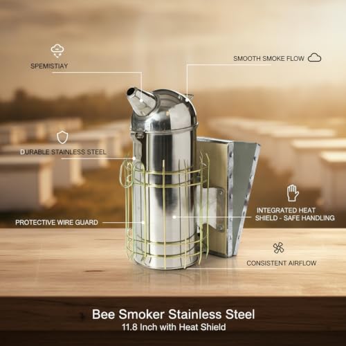 Bee Smoker Stainless Steel with Heat Shield for Hive Inspection 11.8 Inch (1 PC)