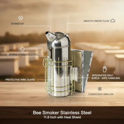 Bee Smoker Stainless Steel with Heat Shield for Hive Inspection 11.8 Inch (1 PC)