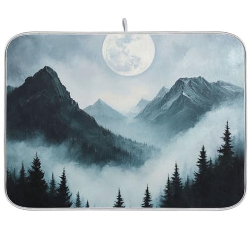 Moon Pine Trees Mountain Dish Drying Mat for Kitchen Counter Super Absorbent Draining Mat with Non-slip Backed Dish Drying Pad for Draining Racks Countertops Sinks Dish Bottles Cups Bowl