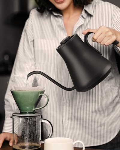 INTASTING Gooseneck Electric Kettle with ±1℉ Temperature Control for Pour Over Coffee & Tea, Quick Heating, BPA-Free Stainless Steel, Built-in Brew Timer, 1500W/0.9L (Ebony Black) - color: Ebony Black