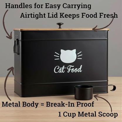 Cat Food Storage Container with Scoop - 15 lb (50 Cup) Capacity Metal Cat Food Container with Airtight Bamboo Lid & Metal Scoop - Airtight Pet Food Storage Containers - 15 lb Treats & Kibble Container - color: Black