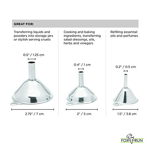 Fox Run Metal Kitchen Funnel Set, 3", 2", and 1.5" Stainless Steel Funnels - size: 3", 2", and 1.5" Set