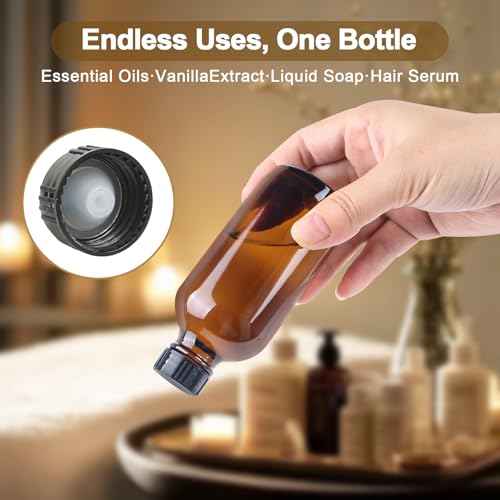 8 Pack 4 oz Amber Glass Bottles with Black Caps, Boston Round Bottles for Homemade Vanilla Extract, Essential Oils, Syrup, Juice, Leakproof Empty Containers for Holiday Gifts & Liquids