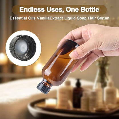 8 Pack 4 oz Amber Glass Bottles with Black Caps, Boston Round Bottles for Homemade Vanilla Extract, Essential Oils, Syrup, Juice, Leakproof Empty Containers for Holiday Gifts & Liquids