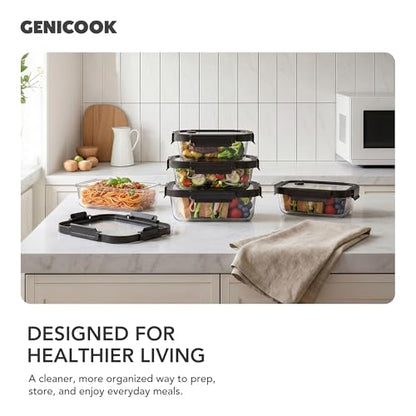 GENICOOK Glass Meal Prep Containers with Glass Lids, 4 Pack Airtight Glass Food Storage Containers, Borosilicate Glass Lunch Containers for Healthy Meal Prep, Microwave Oven Dishwasher Safe, BPA Free - color: black